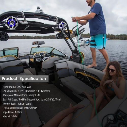  Pyle Marine Speakers - 5.25 Inch Waterproof IP44 Rated Wakeboard Tower and Weather Resistant Outdoor Audio Stereo Sound System with Built-in LED Lights - 1 Pair in Silver (PLMRWB50
