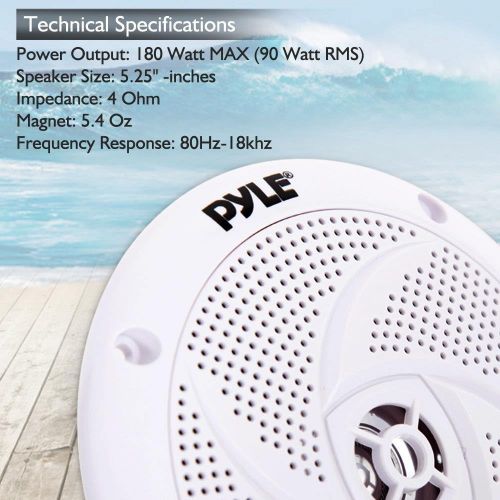  Pyle Marine Speakers - 5.25 Inch 2 Way Waterproof and Weather Resistant Outdoor Audio Stereo Sound System with 180 Watt Power and Low Profile Slim Style - 1 Pair - PLMRS5W (White)