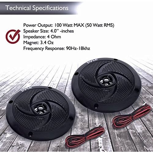  Pyle Marine Speakers - 4 Inch 2 Way Waterproof and Weather Resistant Outdoor Audio Stereo Sound System with 100 Watt Power and Low Profile Slim Style Design - 1 Pair - PLMRS4B (Bla