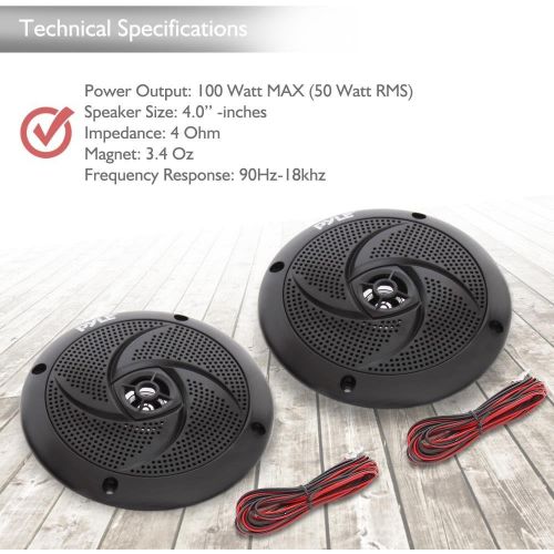  Pyle Marine Speakers - 4 Inch 2 Way Waterproof and Weather Resistant Outdoor Audio Stereo Sound System with 100 Watt Power and Low Profile Slim Style Design - 1 Pair - PLMRS4B (Bla