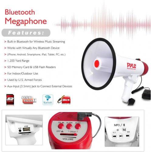  Pyle Bluetooth Bullhorn PA Megaphone - iPhone Megaphone Speaker with Wired Microphone, Siren Alarm Mode, MP3/USB/SD Readers - PMP42BT_0, Red/White