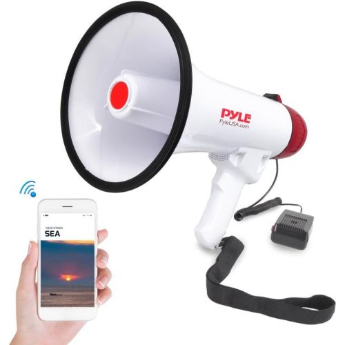  Pyle Bluetooth Bullhorn PA Megaphone - iPhone Megaphone Speaker with Wired Microphone, Siren Alarm Mode, MP3/USB/SD Readers - PMP42BT_0, Red/White