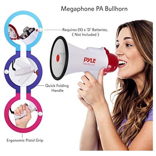  Pyle Megaphone Speaker Lightweight Bullhorn - Built-in Siren, Adjustable Volume Control and 800 Yard Range - PMP30