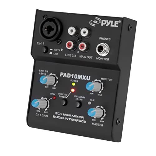  Pyle 2-Channel Audio Mixer - DJ Sound Controller Interface with USB Soundcard for PC Recording, XLR and 3.5mm Microphone Jack, 18V Power, RCA Input and Output for Professional and