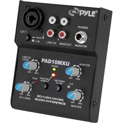  Pyle 2-Channel Audio Mixer - DJ Sound Controller Interface with USB Soundcard for PC Recording, XLR and 3.5mm Microphone Jack, 18V Power, RCA Input and Output for Professional and