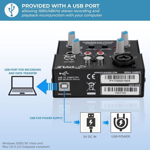  Pyle 2-Channel Audio Mixer - DJ Sound Controller Interface with USB Soundcard for PC Recording, XLR and 3.5mm Microphone Jack, 18V Power, RCA Input and Output for Professional and