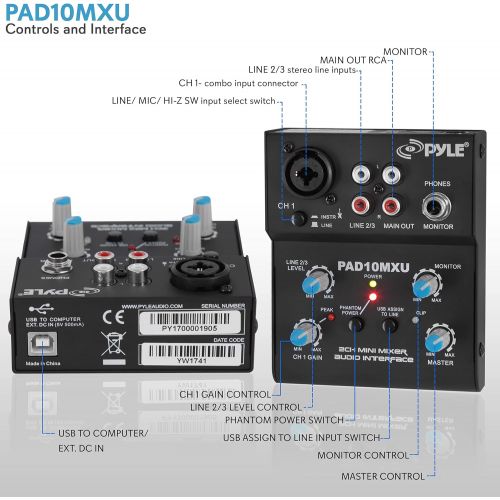  Pyle 2-Channel Audio Mixer - DJ Sound Controller Interface with USB Soundcard for PC Recording, XLR and 3.5mm Microphone Jack, 18V Power, RCA Input and Output for Professional and