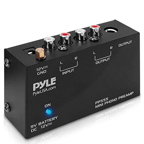  Pyle Phono Turntable Preamp - Mini Electronic Audio Stereo Phonograph Preamplifier with 9V Battery Compartment, Separate DC 12V Power Adapter, RCA Input, RCA Output & Low Noise Ope