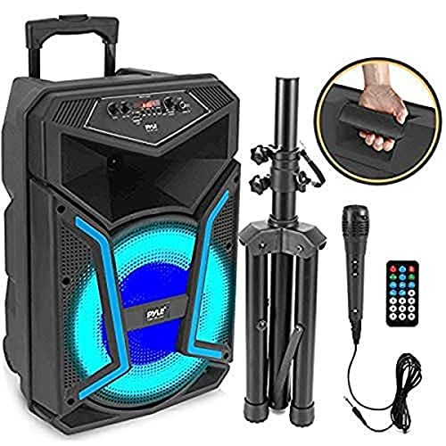  Pyle Portable Bluetooth PA Speaker System-800W Outdoor Bluetooth Speaker Portable PA System w/Microphone in, Party Lights, MP3/USB SD Card Reader, FM Radio, Rolling Wheels-Mic, Remote-P