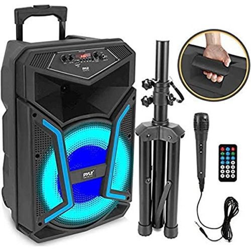  Pyle Portable Bluetooth PA Speaker System-800W Outdoor Bluetooth Speaker Portable PA System w/Microphone in, Party Lights, MP3/USB SD Card Reader, FM Radio, Rolling Wheels-Mic, Remote-P