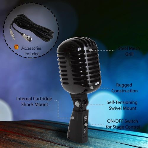  Classic Retro Dynamic Vocal Microphone - Old Vintage Style Unidirectional Cardioid Mic with XLR Cable - Universal Stand Compatible - Live Performance, In Studio Recording - Pyle Pr