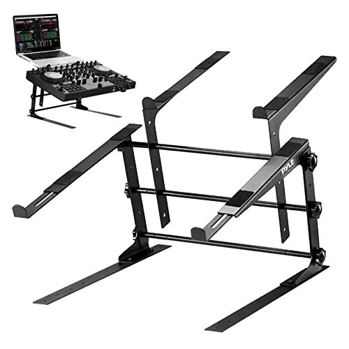  Pyle Portable Dual Laptop Stand - Universal Standing Table with Adjustable Height, Ergonomic Design & Anti-Slip Prongs for DJ Mixer, Sound Equipment, Workstation, Gaming & Home Use