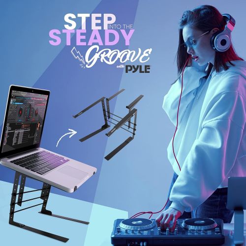  Pyle Portable Dual Laptop Stand - Universal Standing Table with Adjustable Height, Ergonomic Design & Anti-Slip Prongs for DJ Mixer, Sound Equipment, Workstation, Gaming & Home Use