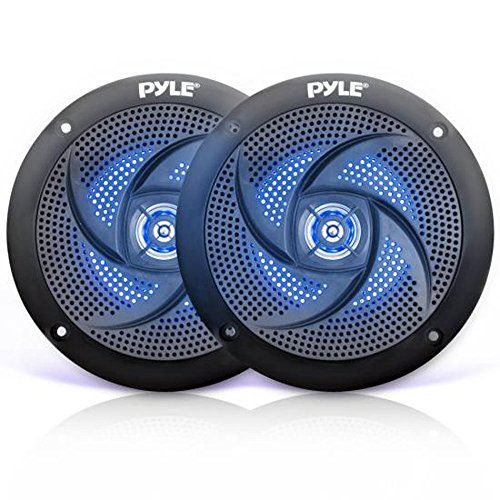  Low-Profile Waterproof Marine Speakers - 100W 4 Inch 2 Way 1 Pair Slim Style Waterproof Weather Resistant Outdoor Audio Stereo Sound System w/Blue Illuminating LED Lights - Pyle (B