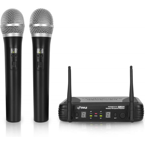  Pyle Professional Wireless Microphone System - Dual UHF Band, Wireless, Handheld, 2 MICS With 8 Selectable Frequency Channels, Independent Volume Controls, AF & RF Signal Indicators - P