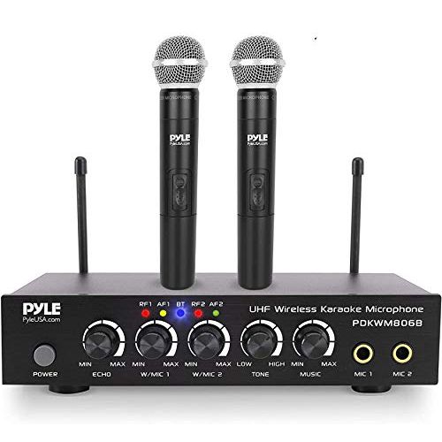  Pyle Portable UHF Wireless Microphone System - Battery Operated Dual Bluetooth Cordless Microphone Set, Includes 2 Handheld Transmitter Mic, Mixer Receiver, RCA, for PA Karaoke DJ Party