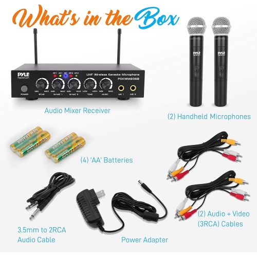  Pyle Portable UHF Wireless Microphone System - Battery Operated Dual Bluetooth Cordless Microphone Set, Includes 2 Handheld Transmitter Mic, Mixer Receiver, RCA, for PA Karaoke DJ Party