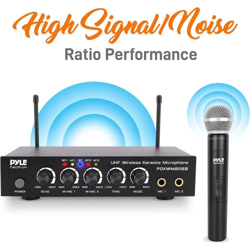  Pyle Portable UHF Wireless Microphone System - Battery Operated Dual Bluetooth Cordless Microphone Set, Includes 2 Handheld Transmitter Mic, Mixer Receiver, RCA, for PA Karaoke DJ Party