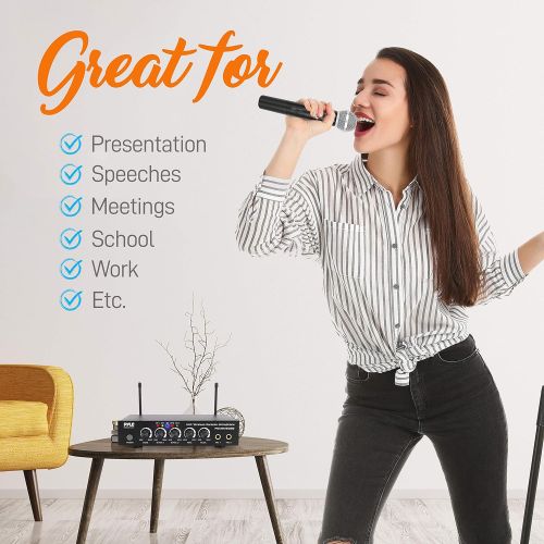  Pyle Portable UHF Wireless Microphone System - Battery Operated Dual Bluetooth Cordless Microphone Set, Includes 2 Handheld Transmitter Mic, Mixer Receiver, RCA, for PA Karaoke DJ Party