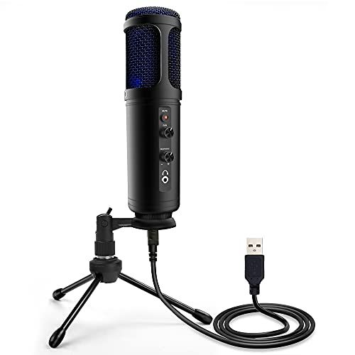  Pyle USB PC Recording Condenser Microphone - Blue LED, Adjustable Gain, Headphone Jack, Mute Control, Tripod Stand - Portable Pro Audio Condenser Desk Mic for Podcast Streaming Gaming -