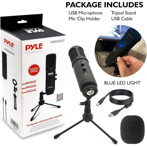  Pyle USB PC Recording Condenser Microphone - Blue LED, Adjustable Gain, Headphone Jack, Mute Control, Tripod Stand - Portable Pro Audio Condenser Desk Mic for Podcast Streaming Gaming -
