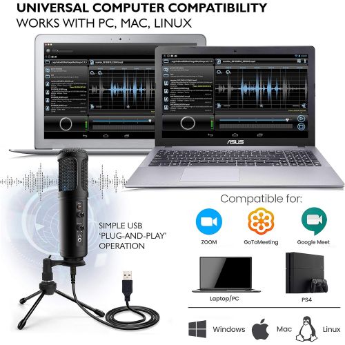  Pyle USB PC Recording Condenser Microphone - Blue LED, Adjustable Gain, Headphone Jack, Mute Control, Tripod Stand - Portable Pro Audio Condenser Desk Mic for Podcast Streaming Gaming -