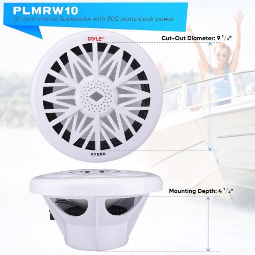  Pyle Single Outdoor Marine Audio Subwoofer - 500 Watt 10 Inch White Waterproof Bass Loud Speaker For Marine Stereo Sound System, Under Helm or Box Case Mount in Small Boat, Marine Vehic