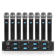 Pyle Professional 8 Channel UHF Wireless Microphone System 8 Handheld Mics Rack Mount Receiver Base RF & AF Radio/Audio Frequency Digital Display Independent Channel Volume Control