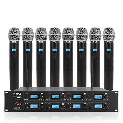  Pyle Professional 8 Channel UHF Wireless Microphone System 8 Handheld Mics Rack Mount Receiver Base RF & AF Radio/Audio Frequency Digital Display Independent Channel Volume Control