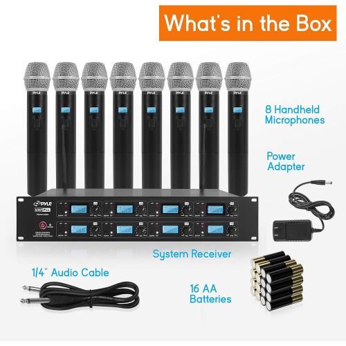  Pyle Professional 8 Channel UHF Wireless Microphone System 8 Handheld Mics Rack Mount Receiver Base RF & AF Radio/Audio Frequency Digital Display Independent Channel Volume Control