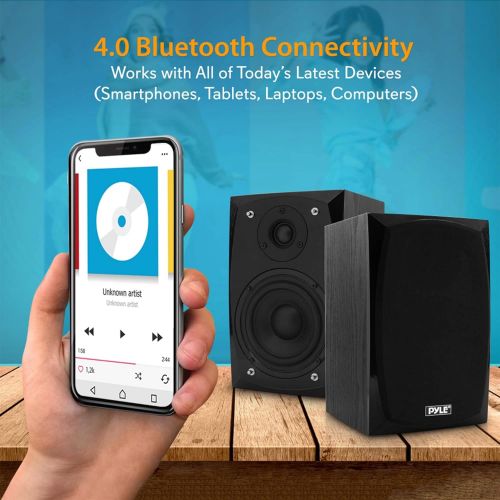  Pyle HiFi Desktop Bookshelf Speakers Pair - 300 Watt Powered Bluetooth Compatible Active Passive Book Shelf Speakers - Studio Monitor Computer Desk home Stereo Speaker System w/ AUX/RCA