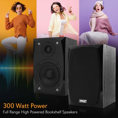  Pyle HiFi Desktop Bookshelf Speakers Pair - 300 Watt Powered Bluetooth Compatible Active Passive Book Shelf Speakers - Studio Monitor Computer Desk home Stereo Speaker System w/ AUX/RCA