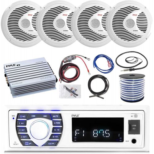  Pyle 16-25 Bay Boat Bluetooth Marine Stereo Receiver, 4 x 150W 6.5 Marine Speakers (White), 4 Channel Waterproof Amplifier, Amp Install Kit, 18 Gauge 50 FT Speaker Wire, Antenna