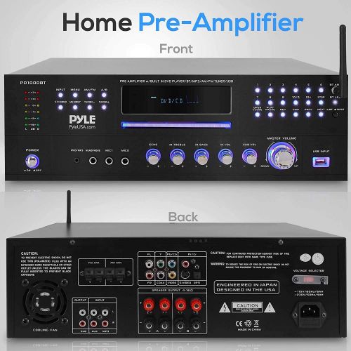  Pyle 4 Channel Pre Amplifier Receiver - 1000 Watt Rack Mount Bluetooth Home Theater-Stereo Surround Sound Preamp Receiver W/Audio/Video System, CD/DVD Player, AM/FM Radio, MP3/USB Reade