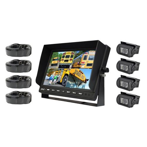  Pyle PLCMTR104 Weatherproof Rearview Backup Camera System with 10.1 LCD Color Monitor, Built-in Quad Control Box Screen, (4) IR Night Vision Cameras, Dual DC 12/24V for Bus, Truc