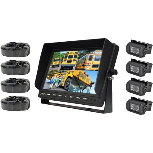  Pyle PLCMTR104 Weatherproof Rearview Backup Camera System with 10.1 LCD Color Monitor, Built-in Quad Control Box Screen, (4) IR Night Vision Cameras, Dual DC 12/24V for Bus, Truc