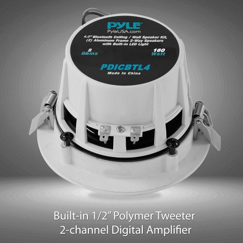  Pyle 4” Pair of Bluetooth Flush Mount In-wall In-ceiling 2-Way Home Speaker System Built-in LED Lights Aluminum Housing Spring Clips Polypropylene Cone & Tweeter 2 Ch Amplifier 160