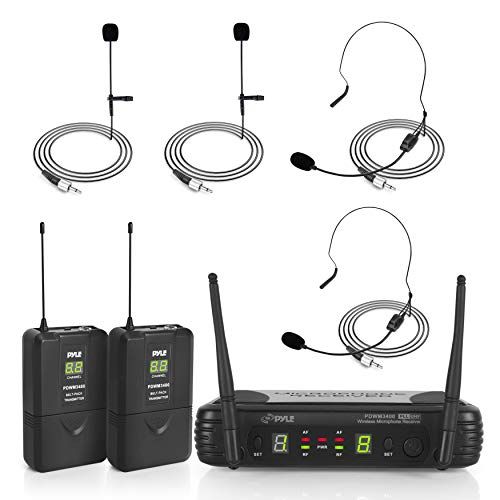  Pyle 2 Channel Wireless Microphone System - Portable UHF Digital Audio Mic Set with 2 Headset, 2 Lavalier lapel, 2 Transmitter, ¼’’ cable, power adapter - For Karaoke, PA, DJ, - PD