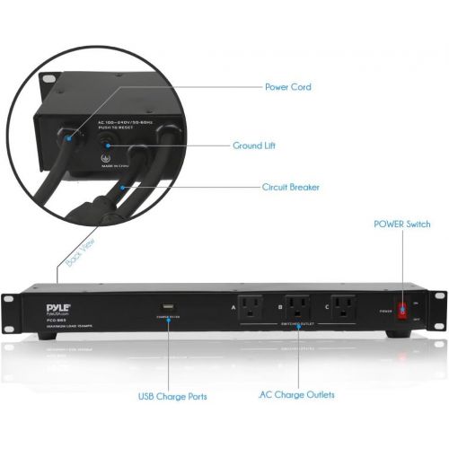  Pyle 19 Outlet 1U 19 Rackmount PDU Power Distribution Supply Center Conditioner Strip Unit Surge Protector 15 Amp Circuit Breaker USB Multi Device Charge Port 15FT Cord (PCO860) Bl