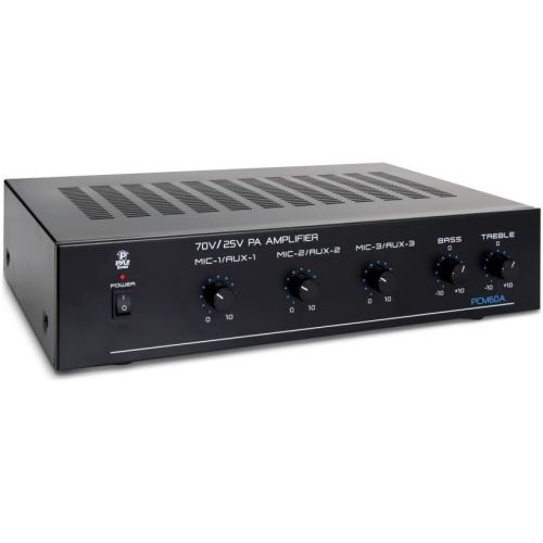  Pyle Compact Mini Home Power Amplifier - 100W Smart Indoor Audio Stereo Receiver w/ RCA, 3 Microphone IN, AUX, 25/70V Outputs, LED, Input Selector, For PA, Amplified Speaker Sound Syste
