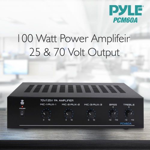  Pyle Compact Mini Home Power Amplifier - 100W Smart Indoor Audio Stereo Receiver w/ RCA, 3 Microphone IN, AUX, 25/70V Outputs, LED, Input Selector, For PA, Amplified Speaker Sound Syste