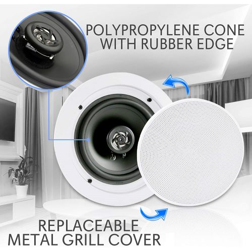  Pyle Pair 6.5” Bluetooth Flush Mount In-wall In-ceiling 2-Way Universal Home Speaker System Spring Loaded Quick Connections Polypropylene Cone Polymer Tweeter Stereo Sound 200 Watt