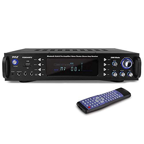  Pyle 4-Channel Bluetooth Home Power Amplifier - 2000 Watt Audio Stereo Receiver w/ Speaker Selector, AM FM Radio, USB/ SD Card Reader, Karaoke Microphone Input - Home Entertainment