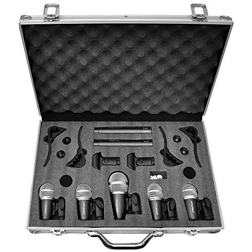  PYLE-PRO Pyle 7-Piece Wired Dynamic Kit-Kick Bass, Tom/Snare & Cymbals Microphone Set-for Drums, Vocal, Other Instrument-Complete with Thread Clip, Inserts, Mics Holder & Case-PDKM