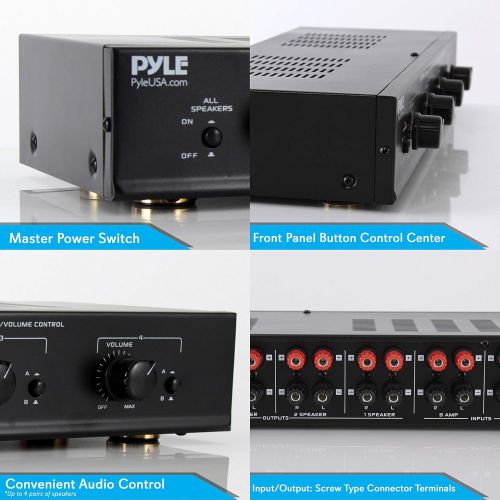  Pyle 4 Channel Speaker Selector Switch - Multi Zone A B Speaker Distribution Controller Box w/ Independent Audio Source Volume Control, Supports Home Theater Stereo Amplifier Receiver S