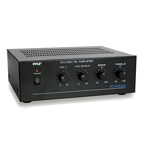  Pyle Compact Mini Home Power Amplifier - 60W Smart Small Indoor Audio Stereo Receiver w/ RCA, 2 Microphone IN, 25/70 Volt Outputs, LED, Input Selector, For PA, Amplified Speaker Sound S