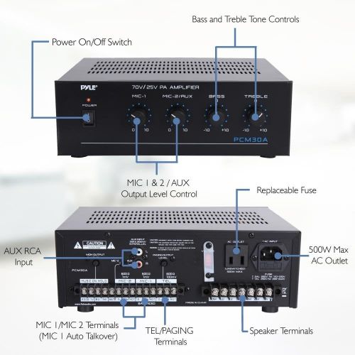  Pyle Compact Mini Home Power Amplifier - 60W Smart Small Indoor Audio Stereo Receiver w/ RCA, 2 Microphone IN, 25/70 Volt Outputs, LED, Input Selector, For PA, Amplified Speaker Sound S