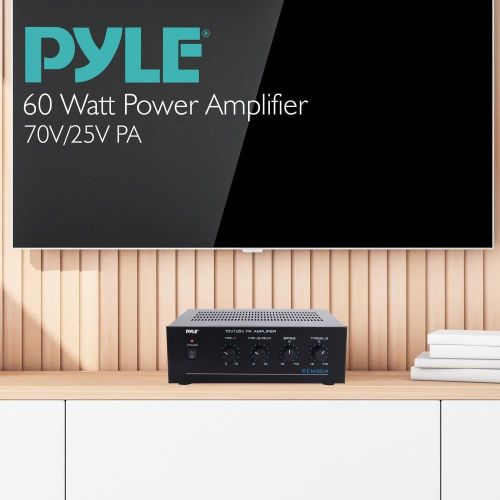  Pyle Compact Mini Home Power Amplifier - 60W Smart Small Indoor Audio Stereo Receiver w/ RCA, 2 Microphone IN, 25/70 Volt Outputs, LED, Input Selector, For PA, Amplified Speaker Sound S