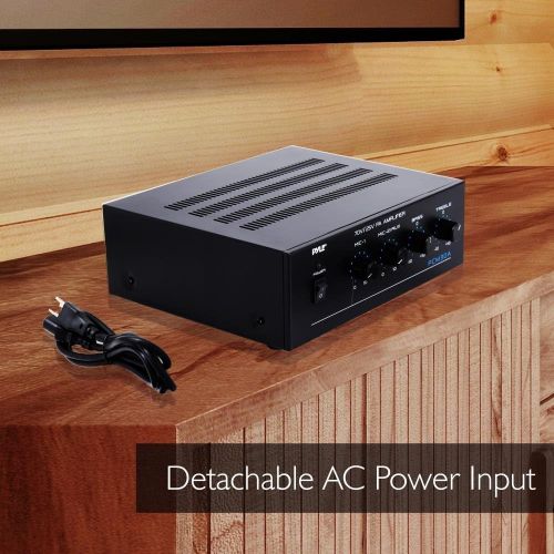  Pyle Compact Mini Home Power Amplifier - 60W Smart Small Indoor Audio Stereo Receiver w/ RCA, 2 Microphone IN, 25/70 Volt Outputs, LED, Input Selector, For PA, Amplified Speaker Sound S