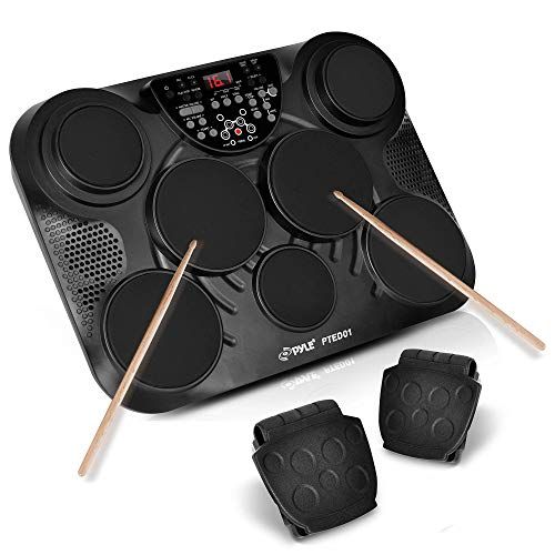  Pyle Portable Drums, Tabletop Drum Set, 7 Pad Digital Drum Kit, Touch Sensitivity, Wireless Electric Drums, Drum Machine, Electric Drum Pads, LED Display, Mac & PC - PTED01